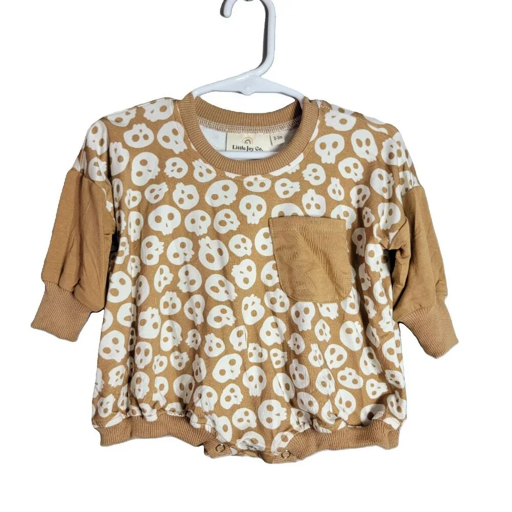 Little Joy Co.‎ Bamboo Skull Bubble Romper Size 0-3m Brown Long Sleeve Oversized